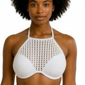 High Neck White Crochet-Detail Bikini Top